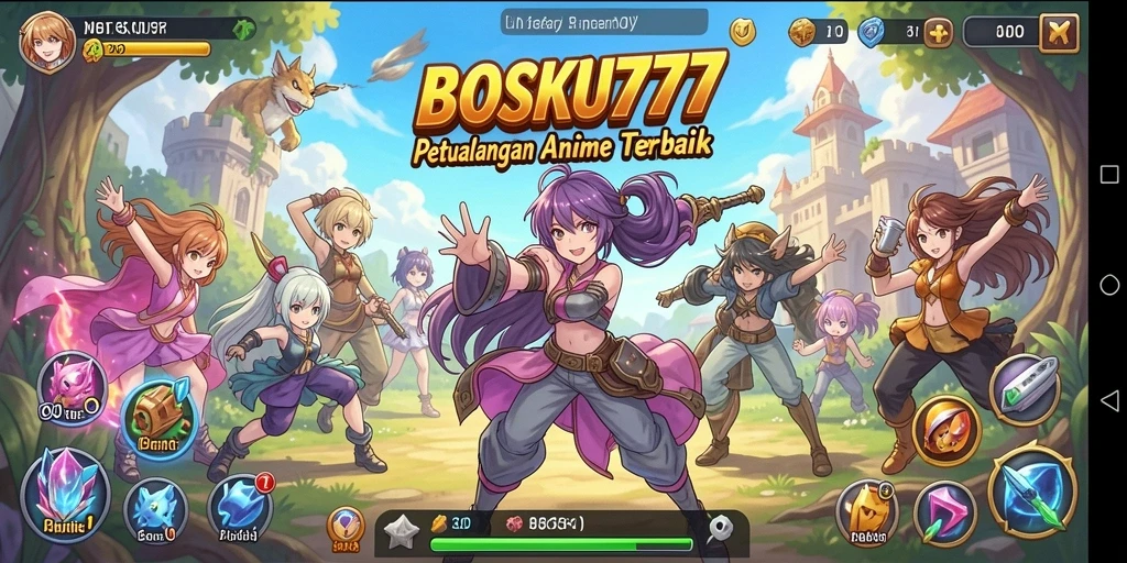 Tampilan gameplay <strong>BOSKU777</strong> yang penuh aksi dan karakter anime menarik.