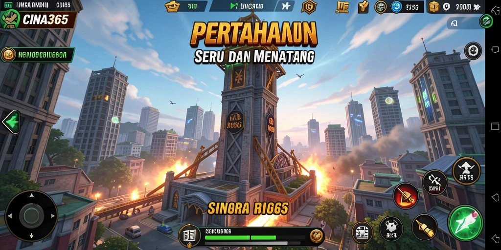 Tangkapan layar gameplay CINA365 yang menampilkan pertahanan menara yang dinamis.