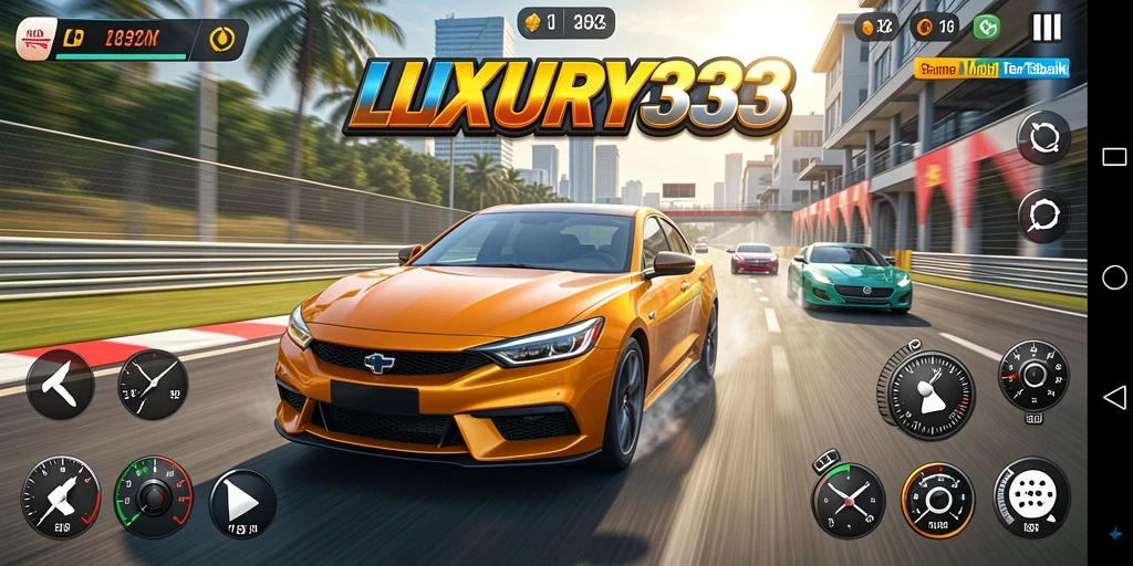 Tampilan gameplay seru dari LUXURY333 dengan mobil balap yang cepat.