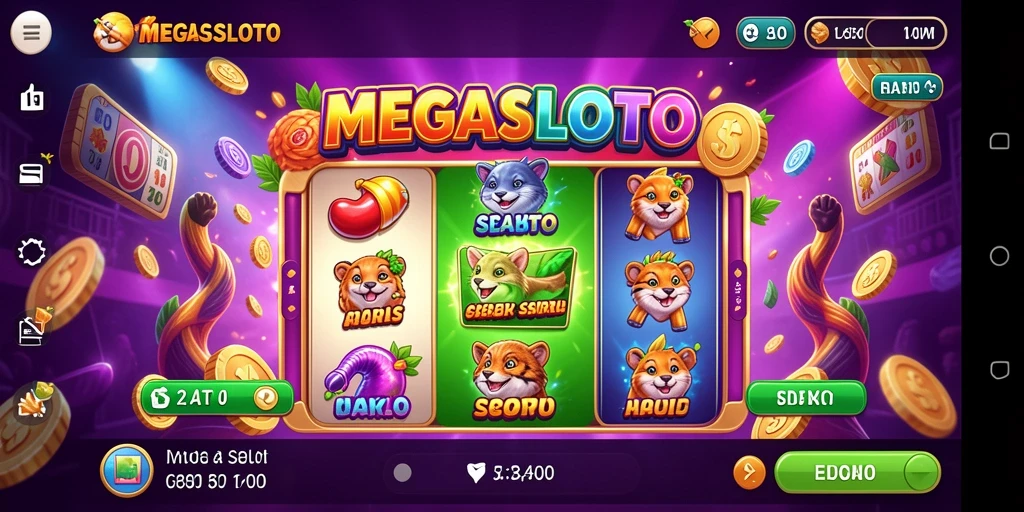 Tampilan gameplay MEGASLOTO dengan gulungan Slot yang penuh warna.